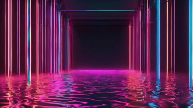 Glowing neon lines with water surface background 3d rendering