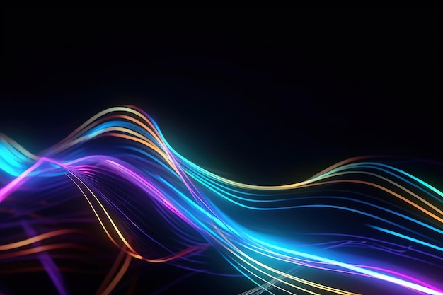 glowing neon Multicolor techno dynamic wave on black background