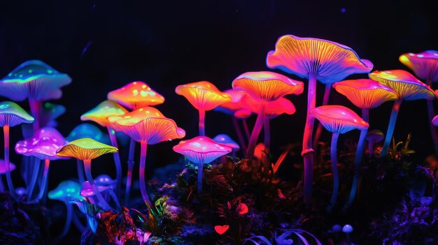 Photo glowing neon mushrooms in a dark forest mystical nature