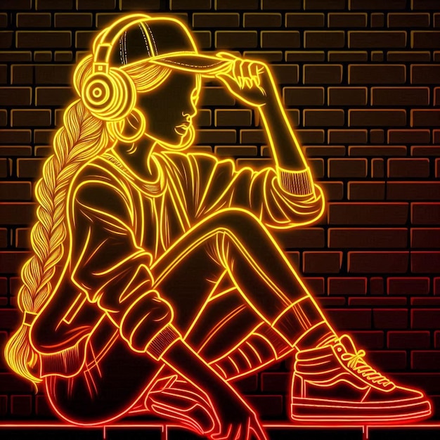 Glowing Neon Outline of Dancing Person in Hoodie