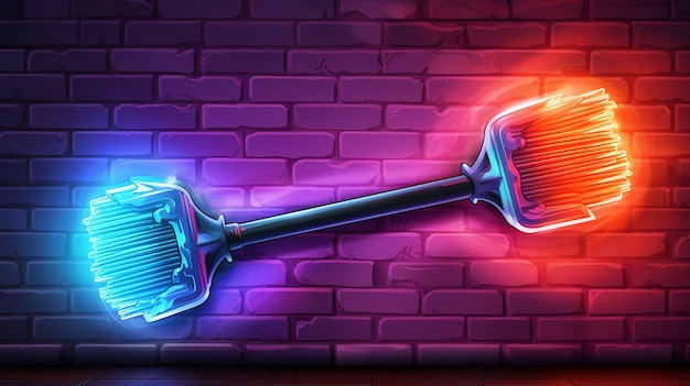 Glowing Neon Paint Brush Icon Isolated on Brick Wall