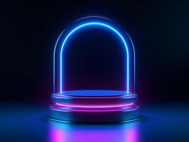 Glowing neon podium abstract shiny blue cylinder pedestal podium