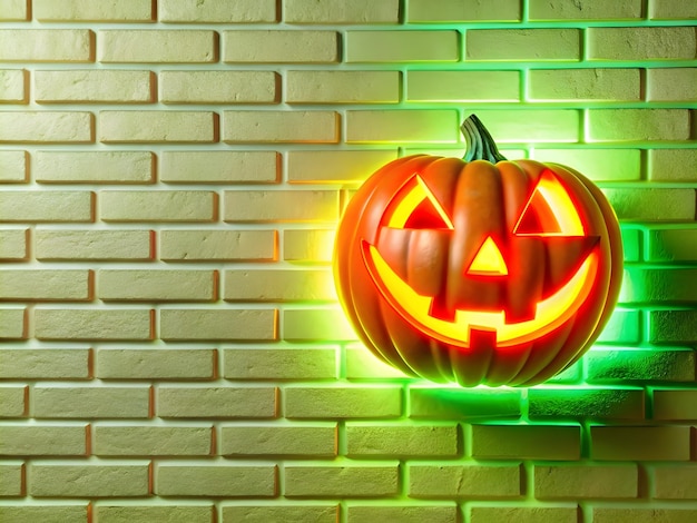 Photo glowing neon pumpkin icon face on textured brick wall for spooky halloween background designs