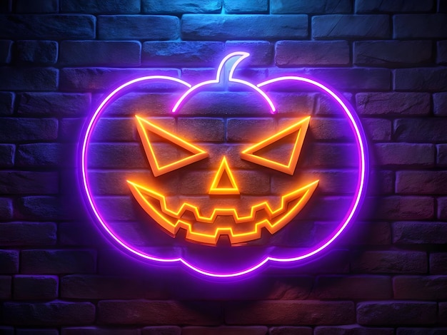 Photo glowing neon pumpkin icon face on textured brick wall for spooky halloween background designs