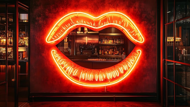 A glowing neon red lips sign above a bar with a blurred background