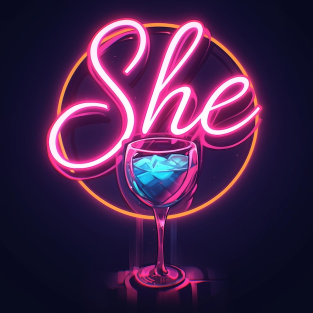 Photo glowing neon sign with glass of wine 3d illustration