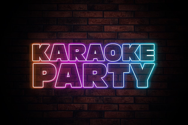 Glowing neon sign with words Karaoke Party on brick wall