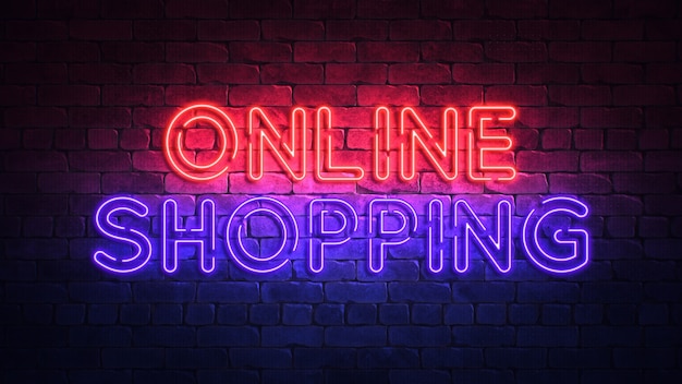 Glowing neon sign with the words ONLINE SHOPPING