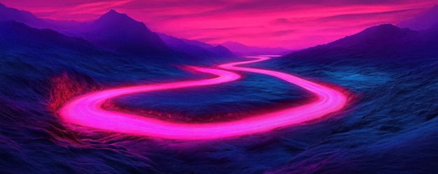 Photo a glowing neoncolored river winding through a vibrant landscape vibrant neon river landscape