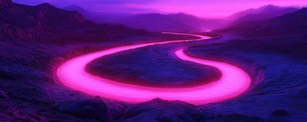 Photo a glowing neoncolored river winding through a vibrant landscape vibrant neon river landscape