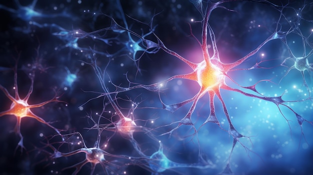 Glowing nerve cells communicate through synaptic connections