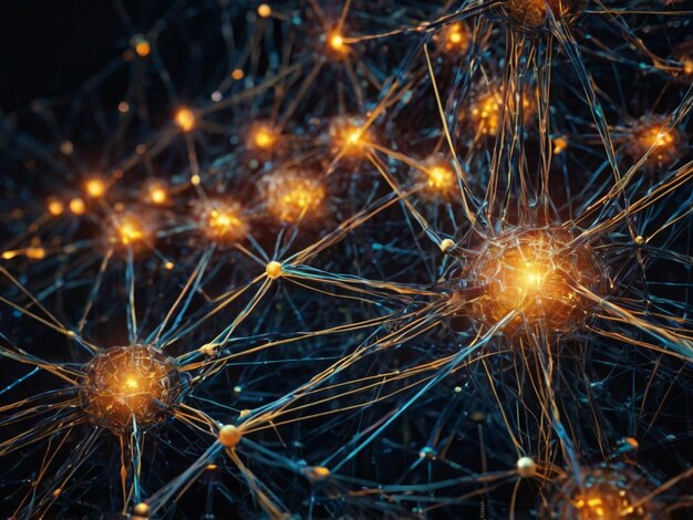 Photo glowing network of interconnected nodes representing artificial intelligence and data flow