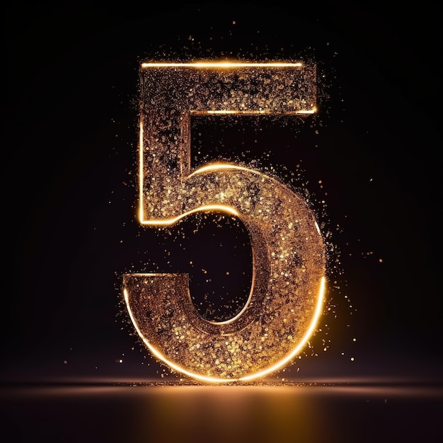 A glowing number 5 with gold glitter around it.