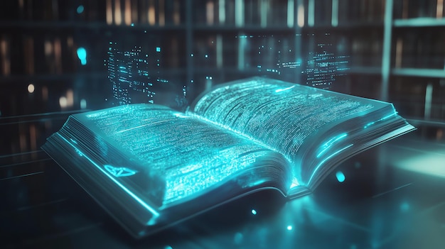 Photo a glowing open book with futuristic code on the pages