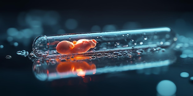 A glowing orange embryo inside a test tube with water droplets on the glass and a reflective surface