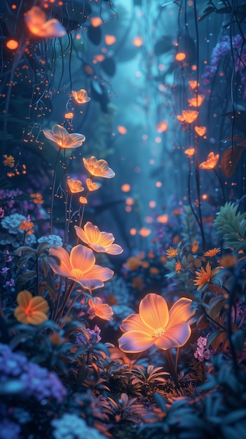 Glowing orange flowers in a mystical blue forest