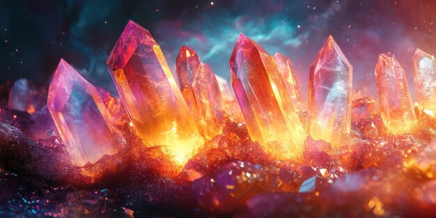 Photo glowing orange and pink crystals emerging from a dark background