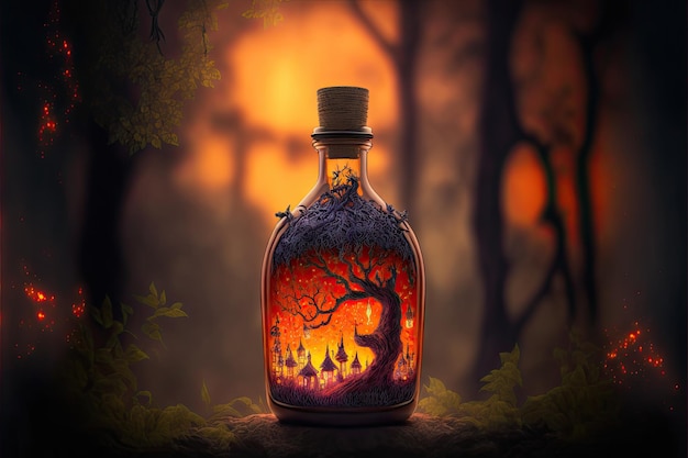 Glowing orange potion bottle with blurred dark forest in background created with generative ai