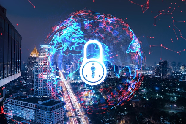 Glowing Padlock hologram night panoramic city view of Bangkok Asia The concept of cyber security to protect companies Double exposure