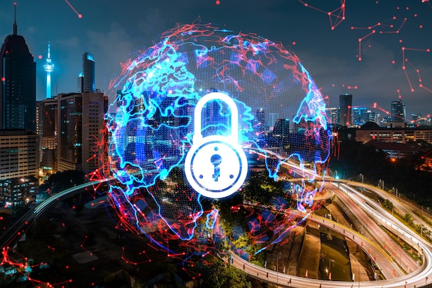 Glowing Padlock hologram night panoramic city view of Kuala Lumpur Malaysia Asia The concept of cyber security to protect KL companies Double exposure