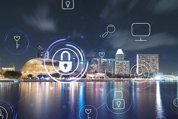 Glowing padlock hologram night panoramic city view of Singapore Asia The concept of cyber security to protect companies Double exposure