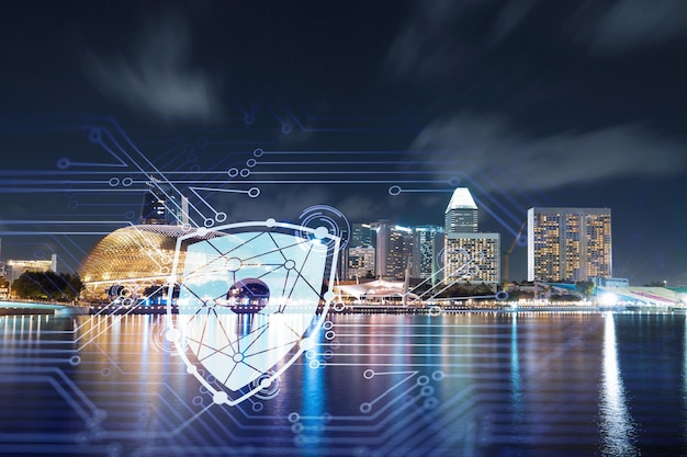 Glowing padlock hologram night panoramic city view of Singapore Asia The concept of cyber security to protect companies Double exposure