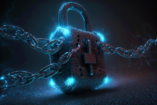 A glowing padlock with a chain around it