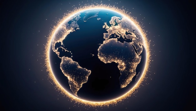 Photo glowing particles forming vibrant digital globe amidst dark background