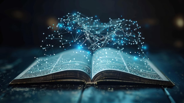 Glowing particles of knowledge transcending the boundaries of an ancient book