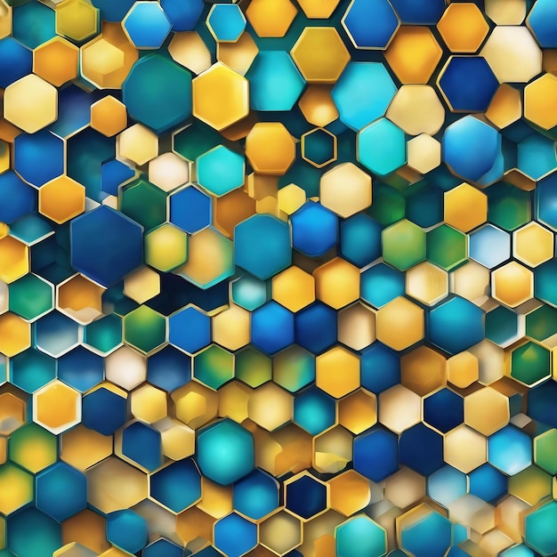 Glowing pattern of hexagons in shades of blue white yellow and green creating a captivating and vibr