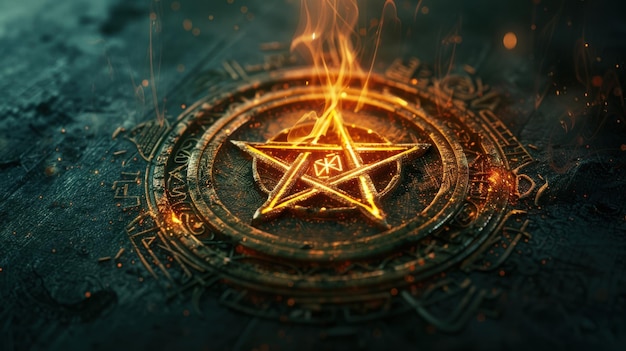 Photo glowing pentagram with mystical symbols on a dark background creating a magical atmosphere