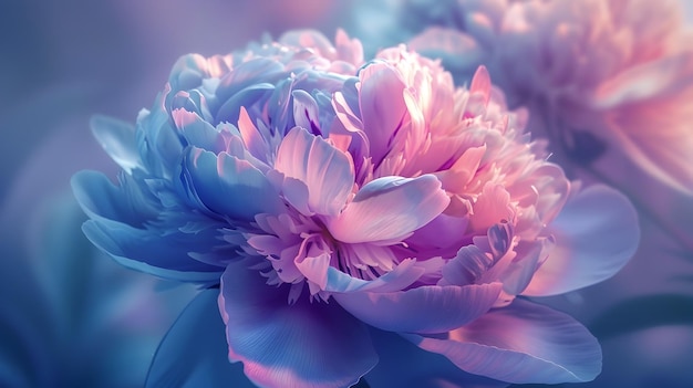 Glowing Peony Bloom in Soft Blue and Purple Hues