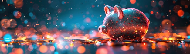 A glowing piggy bank with a digital network pattern surrounded by coins representing modern finance and technology