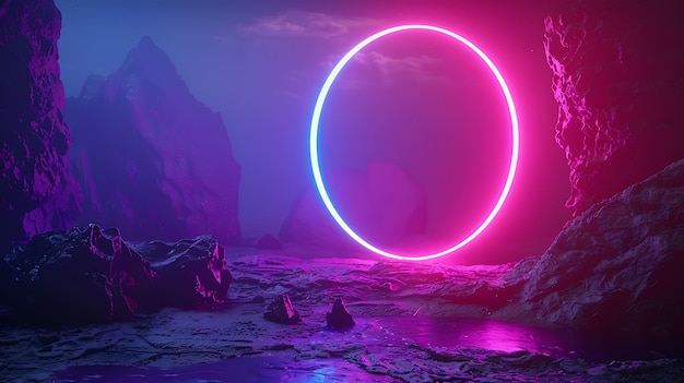 A glowing pink and blue neon circle hovers over a rocky alien landscape