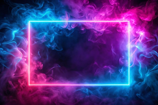 Photo glowing pink and blue neon frame in smoke