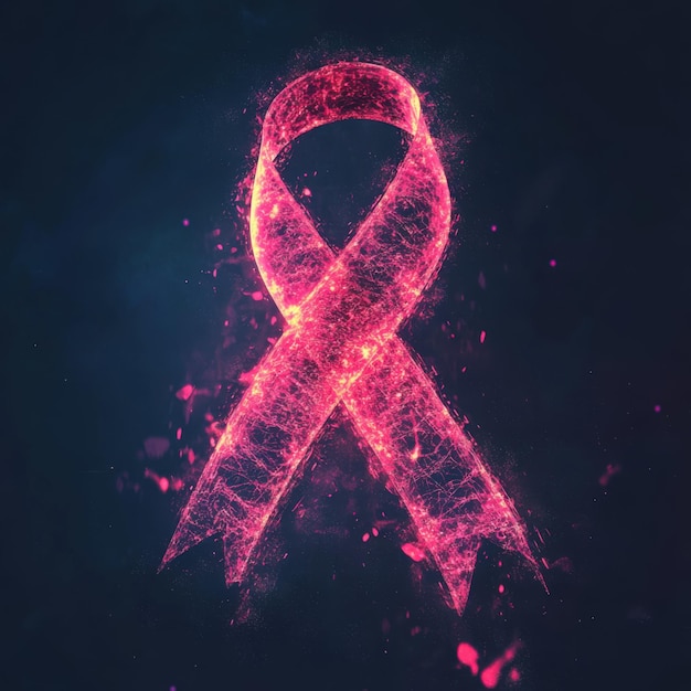 Glowing pink breast cancer awareness ribbon against dark background