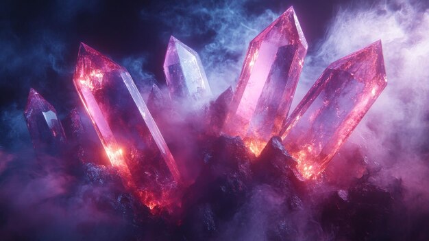 Photo glowing pink crystals emerging from smoke