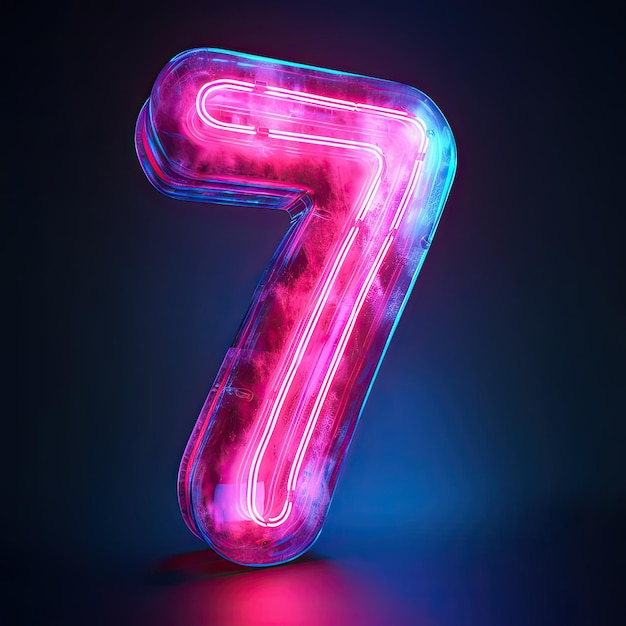 Glowing pink neon number seven on dark blue background