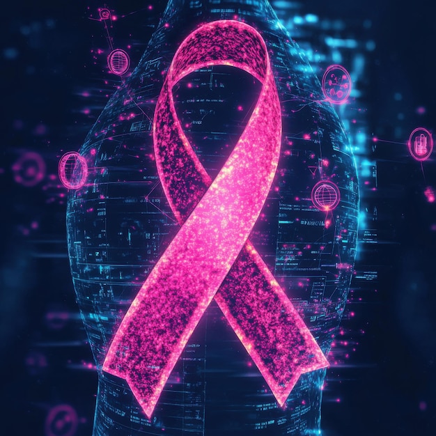 Glowing pink ribbon representing breast cancer awareness against digital futuristic background