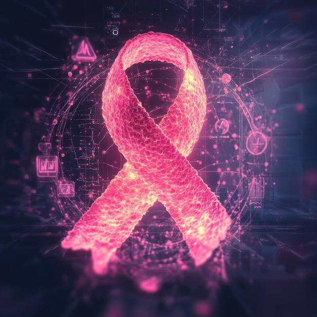 Glowing pink ribbon symbolizing breast cancer awareness in a futuristic digital world