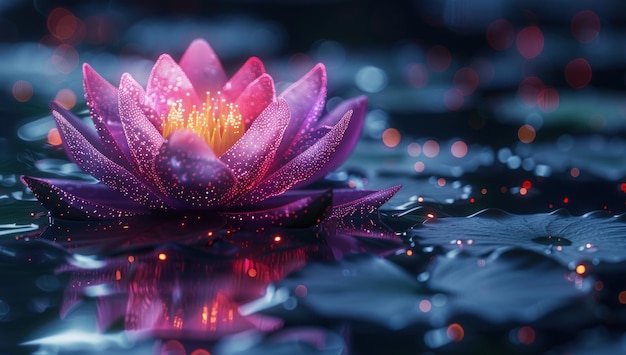 Glowing Pink Water Lily in a Dark Pond