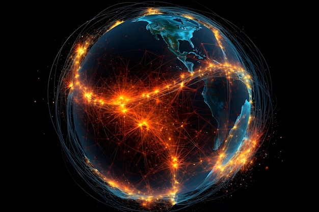 Glowing planet Earth with connected lines and dots representing international connections