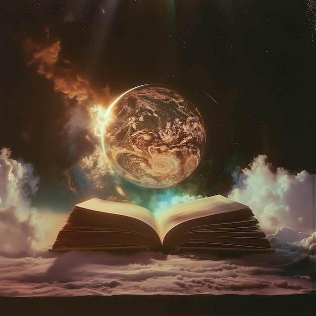 A glowing planet rising from an open book fantastical otherworldly radiant intricate vivid