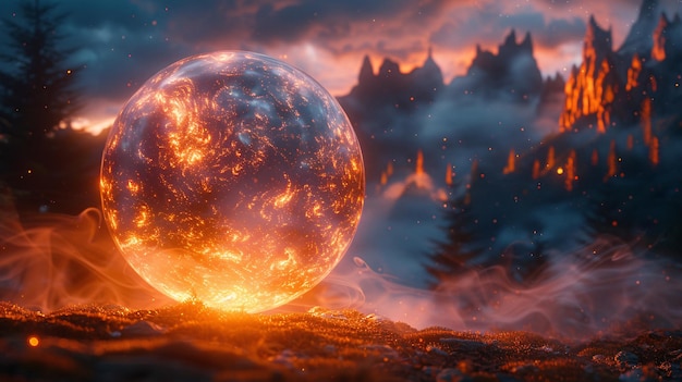 Photo a glowing planet with a red fire in the background