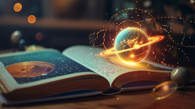 A glowing planet with rings rises from an open book symbolizing the power of knowledge and imagination