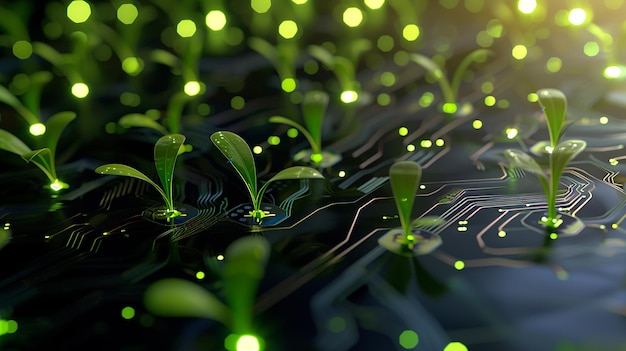 glowing plants growing on computer chip