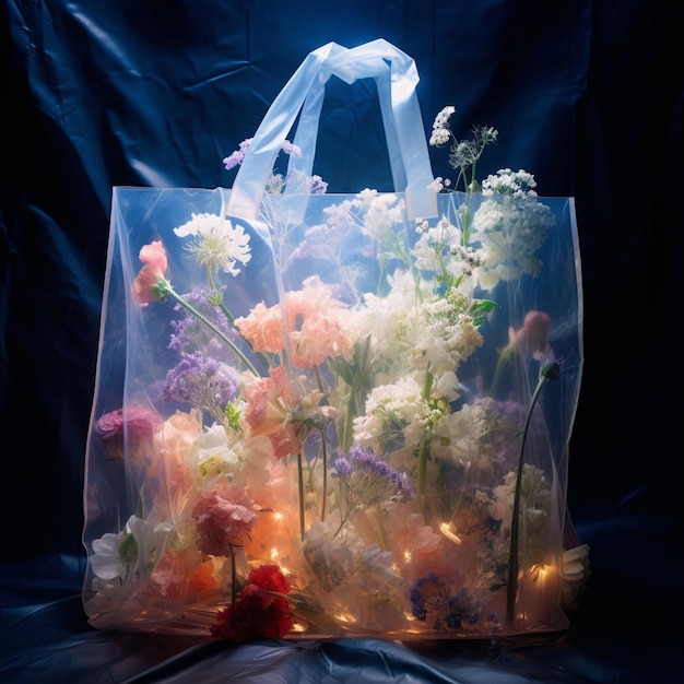 glowing plastic bag lit up from the inside full of flowers fine art photography style