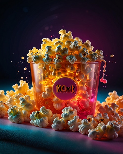 Photo glowing popcorn with popping neon color ai generated