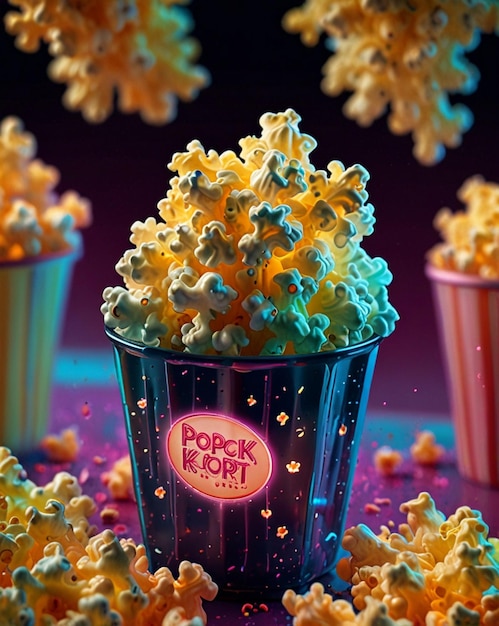 Photo glowing popcorn with popping neon color ai generated