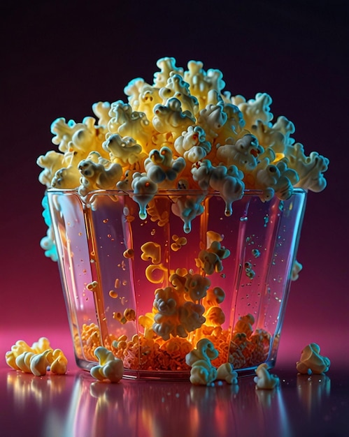 Photo glowing popcorn with popping neon color ai generated